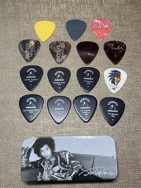 Jimi Hendrix Guitar Picks Lot w/ Case Authentic Hendrix + Fender Dunlop Picks